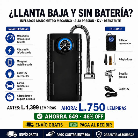 Bomba de Aire de Alta Presión con Manómetro Mecánico — Sin Baterías | Manguera Metálica | Para Camionetas y 4x4 💪🛞