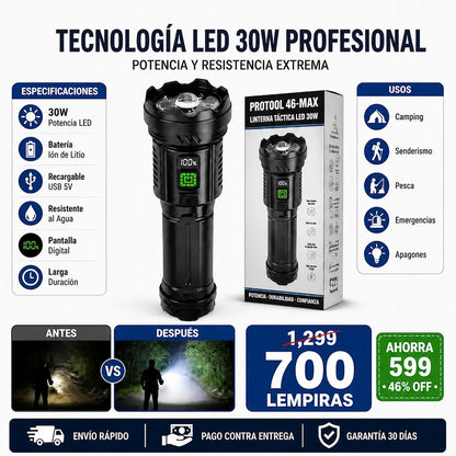 Linterna Táctica Recargable 7 LED con Display Digital USB