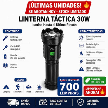 Linterna Táctica Recargable 7 LED con Display Digital USB