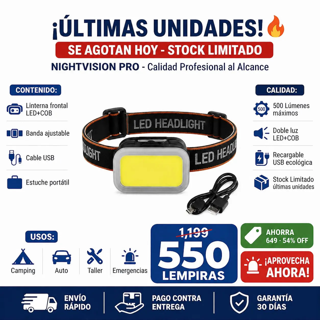 NightVision Pro™ – Linterna Frontal Inteligente