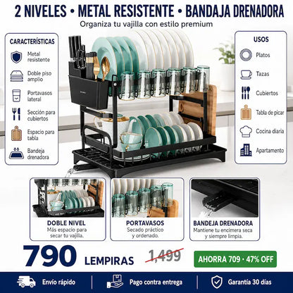 Escurridor de Platos 2 Niveles con Bandeja Drenadora — Doble Capacidad, Acabado Premium