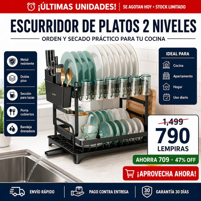 Escurridor de Platos 2 Niveles con Bandeja Drenadora — Doble Capacidad, Acabado Premium