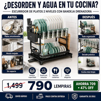 Escurridor de Platos 2 Niveles con Bandeja Drenadora — Doble Capacidad, Acabado Premium