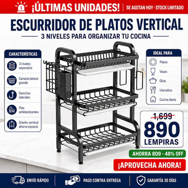 Escurridor de Platos Vertical 3 Niveles con Canasta Lateral y Ganchos — Libera tu Mesón