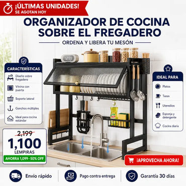 Organizador de Cocina Sobre el Fregadero con Vitrina — Libera el 100% del Mesón