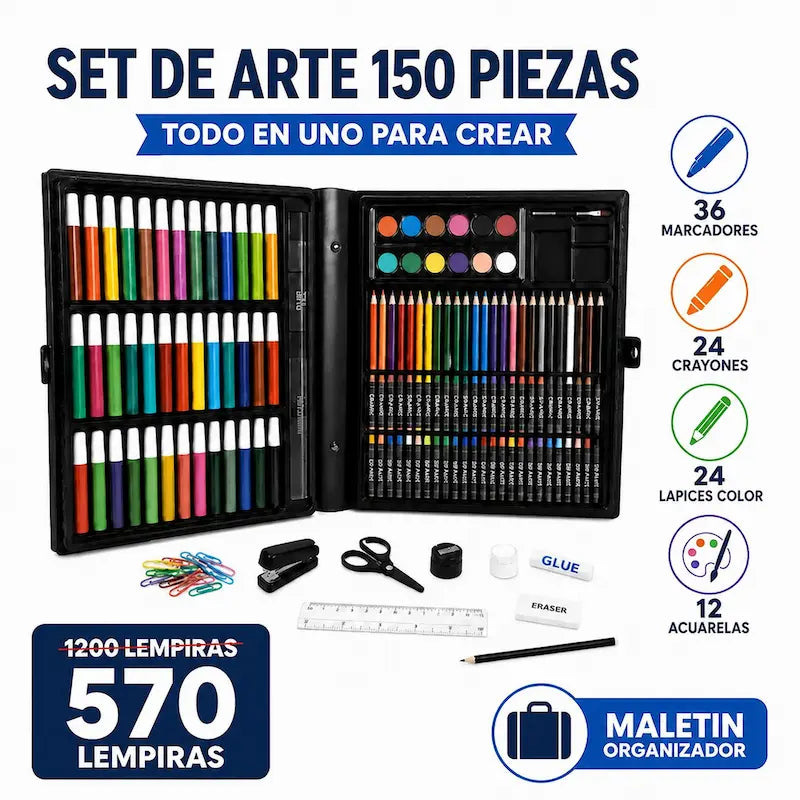 Artist's Corner — Set de Arte 150 Piezas · Maletín Plegable · Non-Toxic · Niños 6+