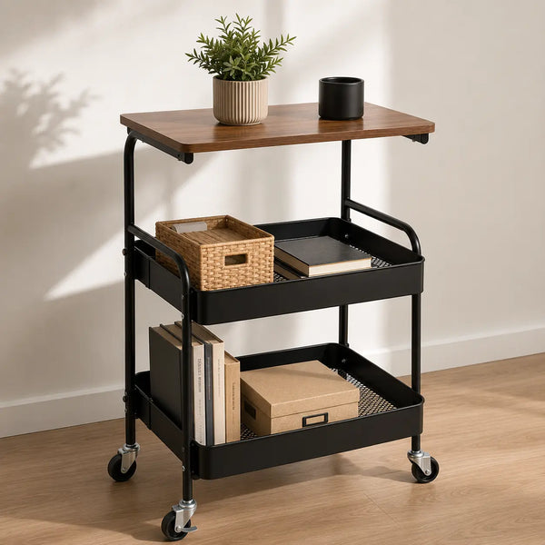 RollDesk Pro 3N | Carrito Organizador con Ruedas 3 Niveles | Tablero Madera + Bandejas Metal | Para Oficina, Cocina y Más | Pago al Recibir Honduras