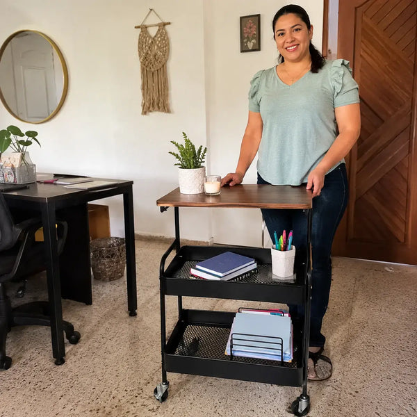 RollDesk Pro 3N | Carrito Organizador con Ruedas 3 Niveles | Tablero Madera + Bandejas Metal | Para Oficina, Cocina y Más | Pago al Recibir Honduras