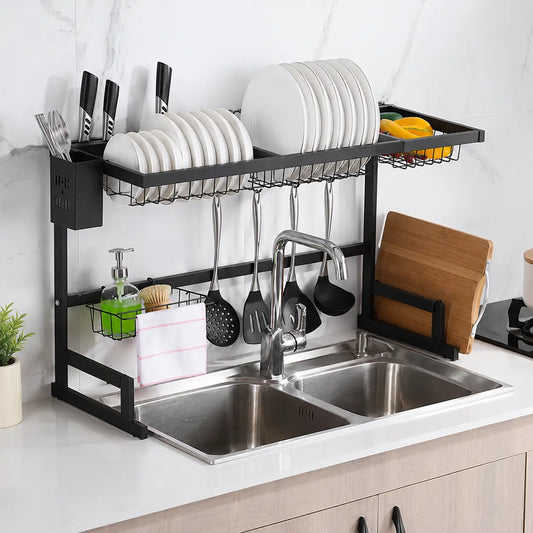DrainPro Rack 2 Niveles | Escurridor Organizador de Cocina sobre Fregadero con Accesorios Completos | Acero Negro Mate | Ganchos Portacubiertos y Porta Tabla | Pago al Recibir Honduras