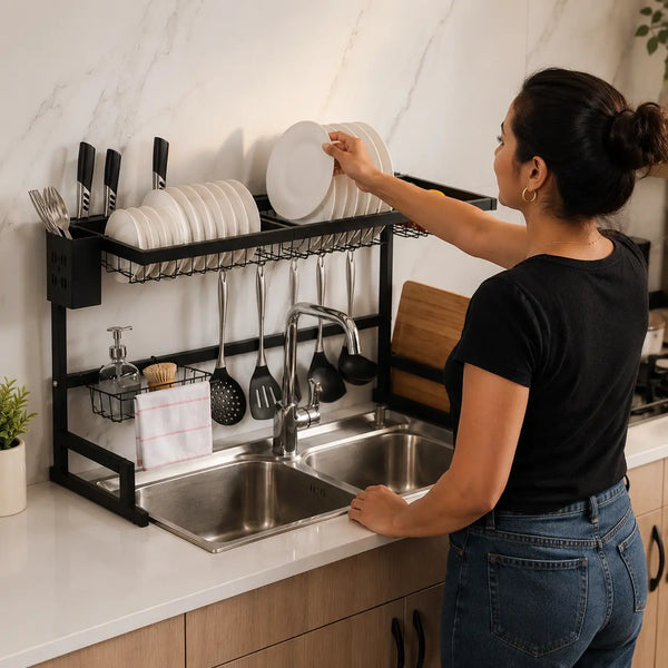 DrainPro Rack 2 Niveles | Escurridor Organizador de Cocina sobre Fregadero con Accesorios Completos | Acero Negro Mate | Ganchos Portacubiertos y Porta Tabla | Pago al Recibir Honduras