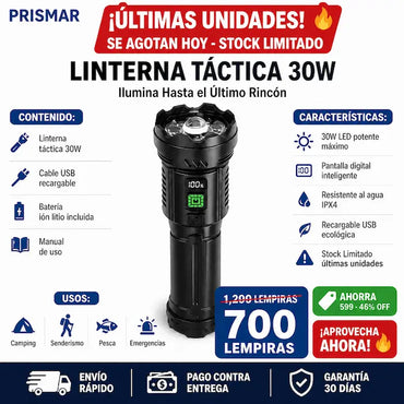Linterna Táctica Recargable 7 LED con Display Digital USB