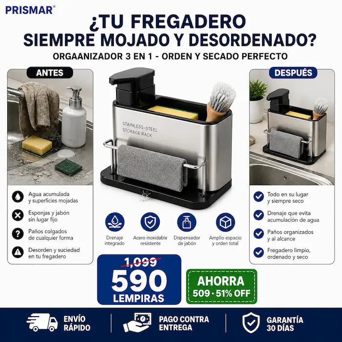 Organizador de Fregadero 3 en 1 de Acero Inoxidable
