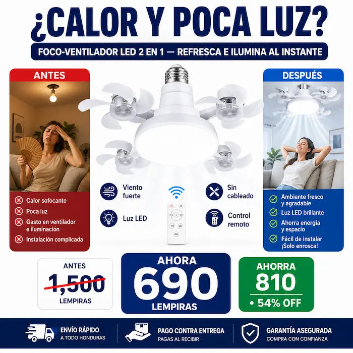 Foco-Ventilador LED E27 2 en 1 con Control Remoto — Luz + Aire Fresco en Segundos