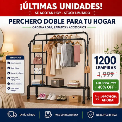 Perchero Maxima Resistencia Closet Abierto Doble Barra con Ruedas — Organizá Toda tu Ropa, Zapatos y Accesorios