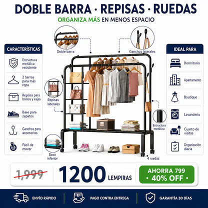 Perchero Maxima Resistencia Closet Abierto Doble Barra con Ruedas — Organizá Toda tu Ropa, Zapatos y Accesorios