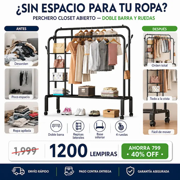 Perchero Maxima Resistencia Closet Abierto Doble Barra con Ruedas — Organizá Toda tu Ropa, Zapatos y Accesorios