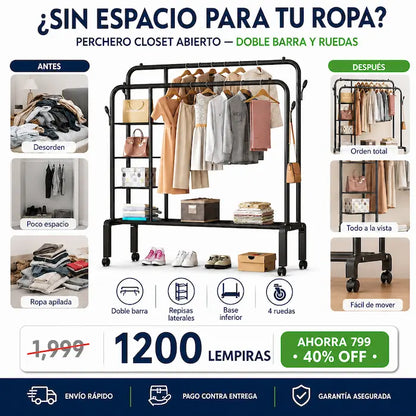 Perchero Maxima Resistencia Closet Abierto Doble Barra con Ruedas — Organizá Toda tu Ropa, Zapatos y Accesorios