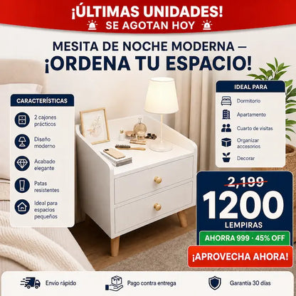 Mesita de Noche Moderna con 2 Cajones y Patas de Madera — Estilo Minimalista para tu Dormitorio