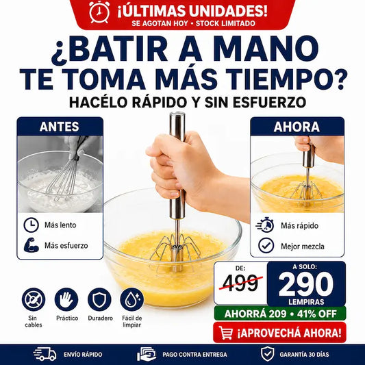 Batidor de Huevos Semi-Automático Manual de Acero Inoxidable — Bate Solo Al Presionar, Sin Pilas ni Electricidad