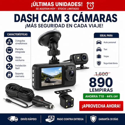 Dash Cam 3 Cámaras para Auto (Frontal + Interior + Trasera) — Protección Total al Volante