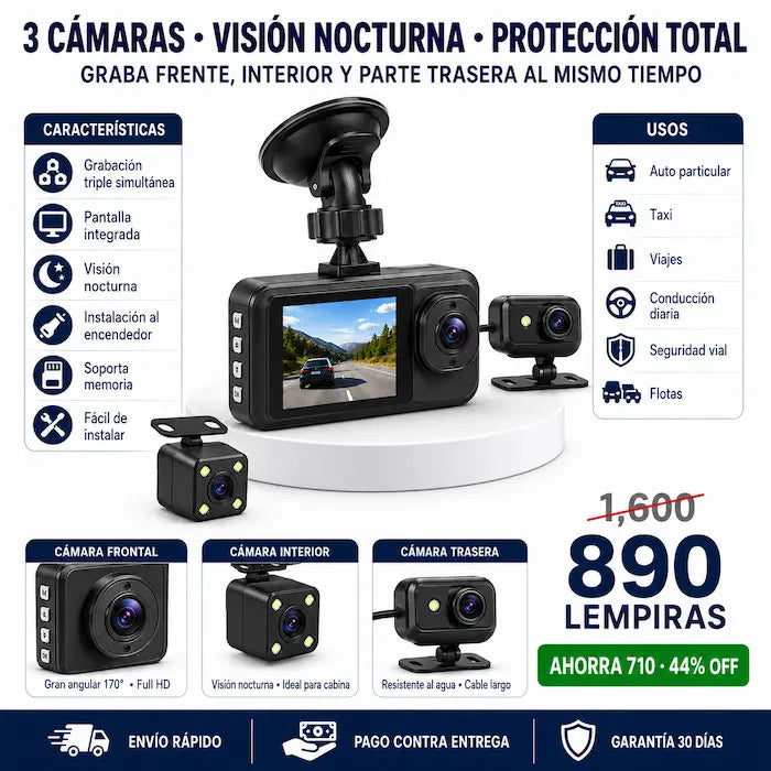 Dash Cam 3 Cámaras para Auto (Frontal + Interior + Trasera) — Protección Total al Volante