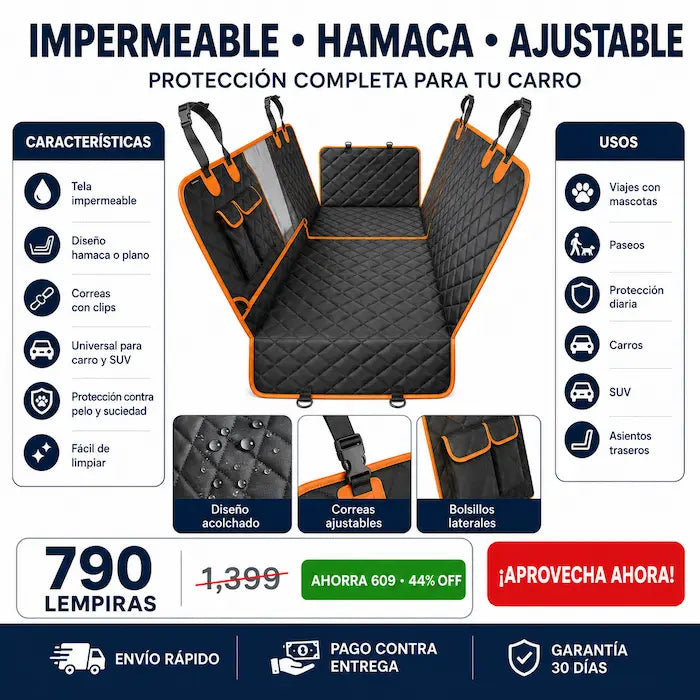 Cobertor Hamaca Impermeable para Asiento de Carro — Protege tu Tapicería del Pelo, Barro y Arañazos