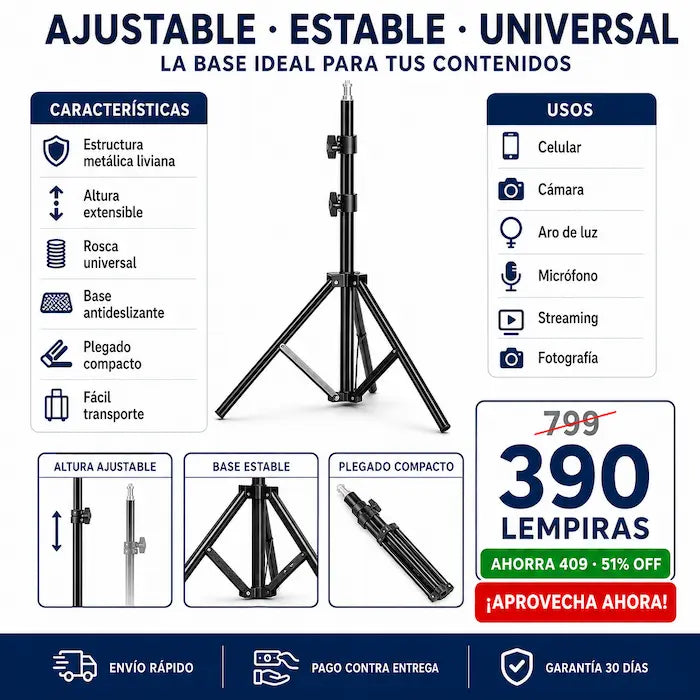 Trípode Telescópico Profesional Extensible — Para Celular, Cámara, Aro de Luz y Más