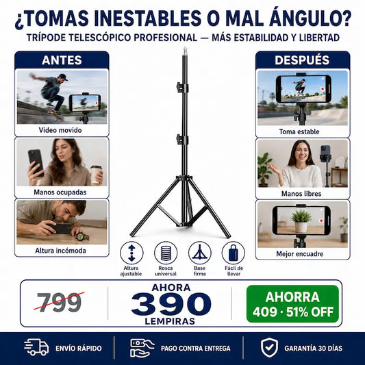 Trípode Telescópico Profesional Extensible — Para Celular, Cámara, Aro de Luz y Más