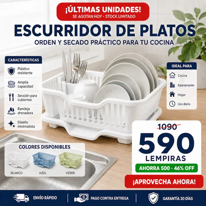 Escurridor de Platos con Bandeja Drenadora — Cocina Ordenada, Mesón Seco y Vajilla en su Lugar