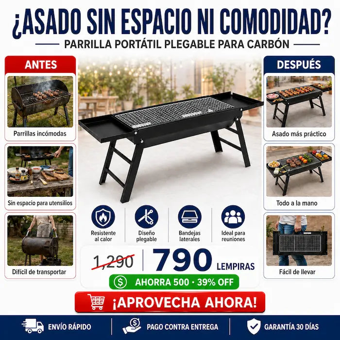 Parrilla Portátil Plegable para Carbón — Asados en Casa, Playa, Río y Finca