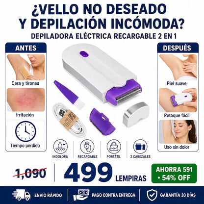 Depiladora Eléctrica Recargable Indolora 2 en 1 — Piel Suave Sin Dolor, Sin Cera y Sin Salón