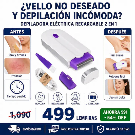 Depiladora Eléctrica Recargable Indolora 2 en 1 — Piel Suave Sin Dolor, Sin Cera y Sin Salón
