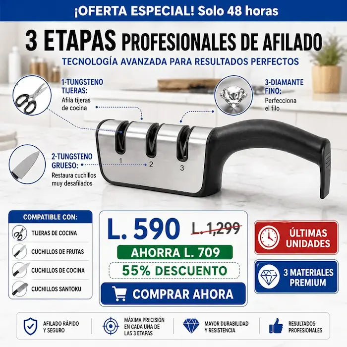 Afilador de Cuchillos Profesional 3 Etapas Manual | EdgeMaster Pro AMAZON CON GARANTIA EXTENDIDA Y CERTIFICACIÓNN