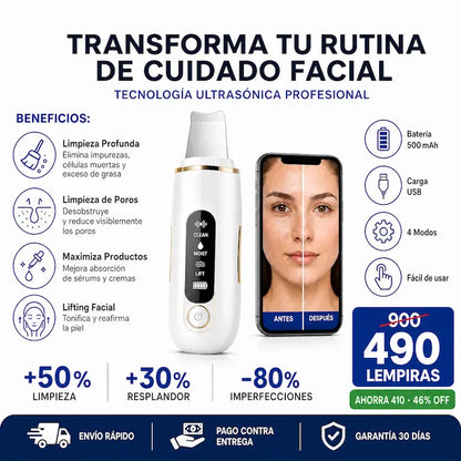 Espátula Ultrasónica Facial GUGUG – Limpiador Profundo + Removedor de Impurezas SkinClean Pro – Espátula Ultrasónica Facial