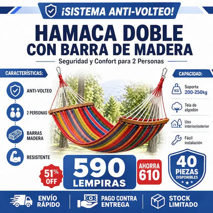 Hamaca Doble Anti-Volteo con Barra de Madera