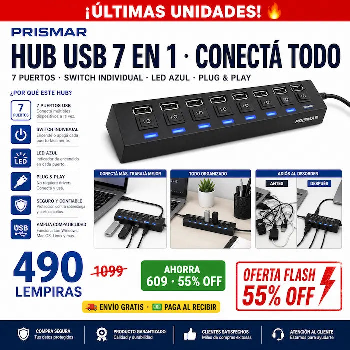 💻⚡ Hub USB 7 en 1 con Switch Individual — LED Azul | Plug & Play | Negro o Blanco 🖥️✅