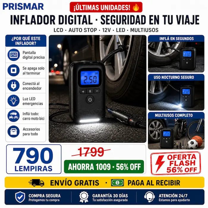 🚗📟 Compresor de Aire Digital Portátil — Apagado Automático | Pantalla LCD | Para Carro, Moto y Bici ⚡🛞