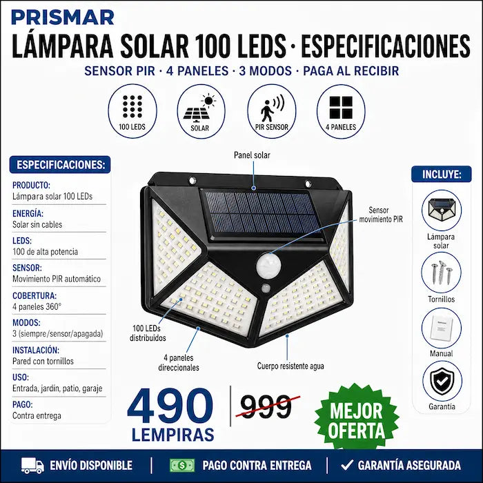 Lámpara Solar de Pared 100 LEDs con Sensor de Movimiento — Sin Cables