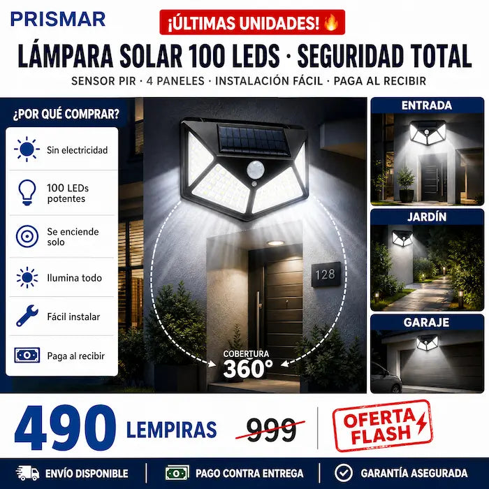 Lámpara Solar de Pared 100 LEDs con Sensor de Movimiento — Sin Cables