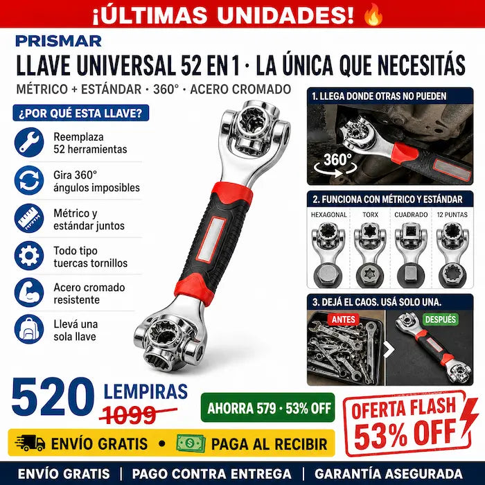 🔧💪 Llave Multifuncional 52 en 1 — Cabezal Giratorio 360° | Métrico y Estándar | Acero Alto Carbono ⚙️✨