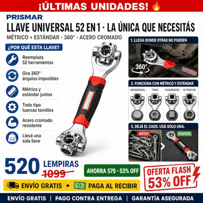 🔧💪 Llave Multifuncional 52 en 1 — Cabezal Giratorio 360° | Métrico y Estándar | Acero Alto Carbono ⚙️✨