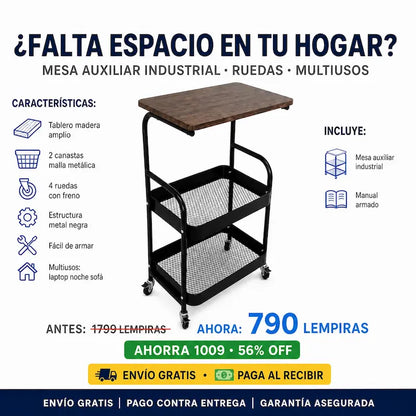 🛋️ Mesa Auxiliar Industrial con Ruedas — ¡El Mueble que Va Donde Vos Vas!