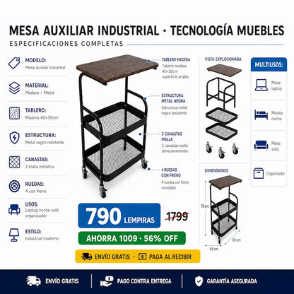 🛋️ Mesa Auxiliar Industrial con Ruedas — ¡El Mueble que Va Donde Vos Vas!