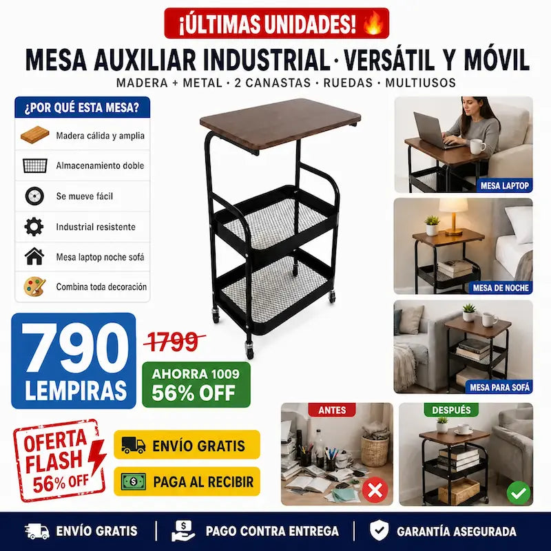 🛋️ Mesa Auxiliar Industrial con Ruedas — ¡El Mueble que Va Donde Vos Vas!