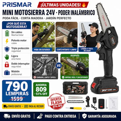 🪚 Mini Motosierra Eléctrica 24V — ¡Podá y Cortá con una Sola Mano!