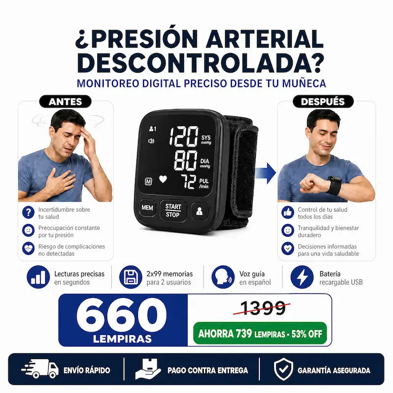 NUEVO Monitor Digital 2026 de Presión Arterial de Muñeca – Pantalla LED, Memoria Doble y Voz Guía + seguro de Garantía