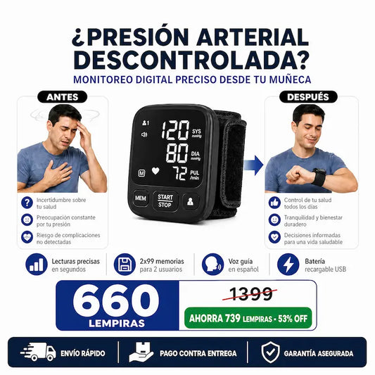 Monitor Digital 2026 de Presión Arterial de Muñeca – Pantalla LED, Memoria Doble y Voz Guía + seguro de Garantía
