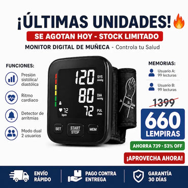 Monitor Digital 2026 de Presión Arterial de Muñeca – Pantalla LED, Memoria Doble y Voz Guía + seguro de Garantía