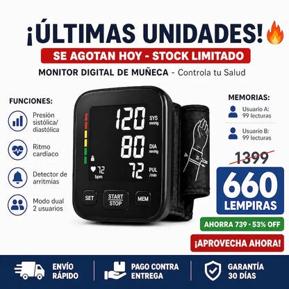 NUEVO Monitor Digital 2026 de Presión Arterial de Muñeca – Pantalla LED, Memoria Doble y Voz Guía + seguro de Garantía