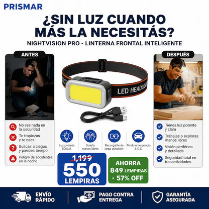 NightVision Pro™ – Linterna Frontal Inteligente